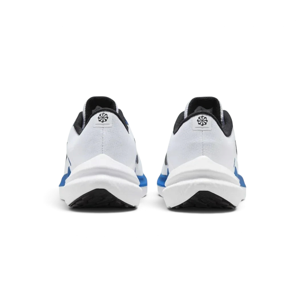 Rear view of the white trainers focusing on the structured heel support and the Star Blue detailing along the collar.