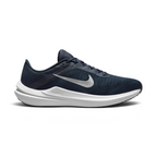 Nike Air Winflo 10 Men's running shoes in midnight navy with white accents, side profile showing engineered mesh upper, prominent Nike Swoosh, and cushioned Air midsole.