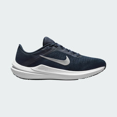 Nike Air Winflo 10 Men's running shoes in midnight navy with white accents, side profile showing engineered mesh upper, prominent Nike Swoosh, and cushioned Air midsole.