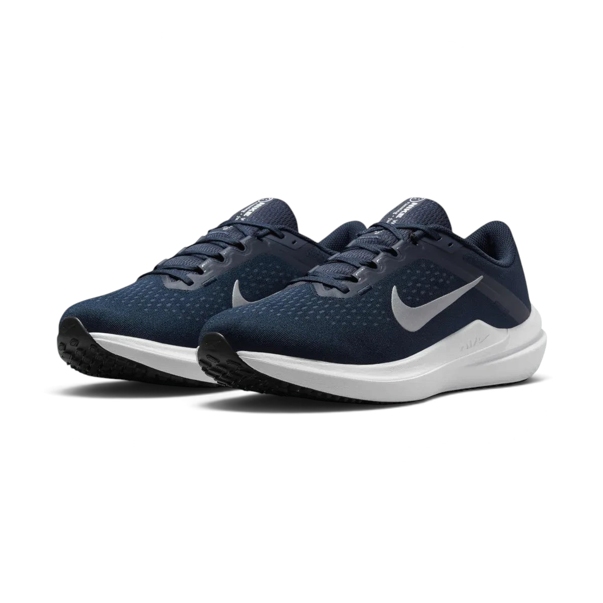 Angled view of two Nike Air Winflo 10 Men's navy running shoes, side by side, showcasing their versatile design and cushioned profile.