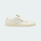 Reebok Classic Club C 85 Vintage unisex trainers in chalk (off-white) leather, side profile showing clean lines and classic Reebok window box logo with green accents.