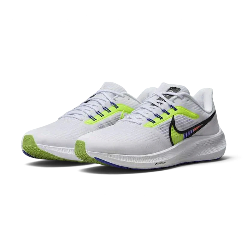 Nike Pegasus 39 Premium Men's White Running Shoes DX1627-100 angled view highlighting breathable mesh, subtle overlays, and Zoom Air midsole
