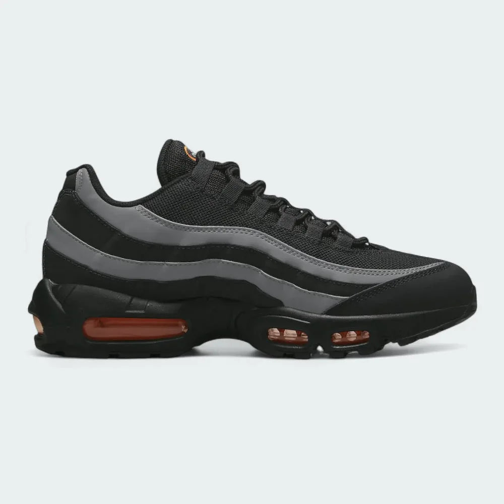 Nike Air Max 95 Men's running shoes in black, side profile showing visible Max Air units in the heel and forefoot, and a layered upper. Main image
