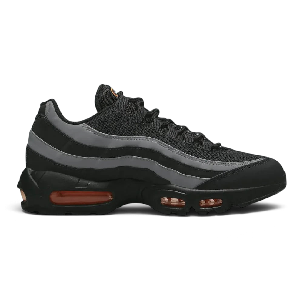 Nike Air Max 95 Men's running shoes in black, side profile showing visible Max Air units in the heel and forefoot, and a layered upper.