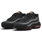 Angled view of two Nike Air Max 95 Men's black running shoes, side by side, showcasing their timeless design and layered upper.