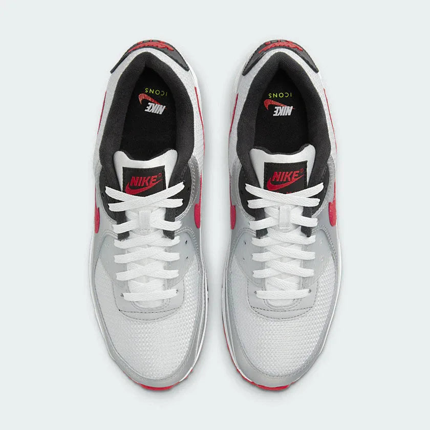 Nike Air Max 90 Men's Silver Leather Trainers DX4233-001 top view showing padded collar and tongue branding