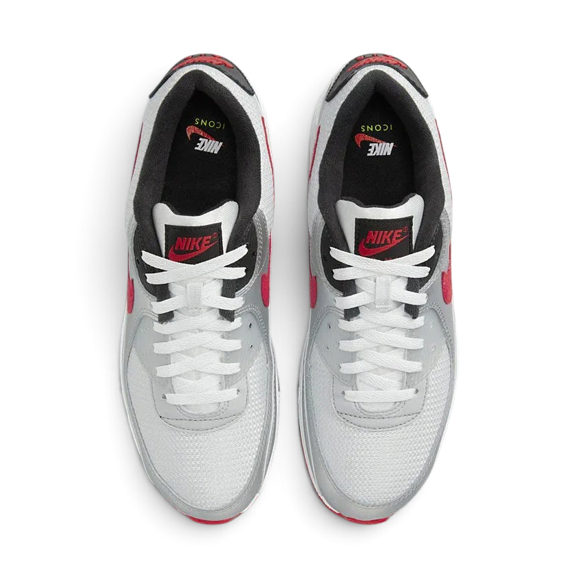 Nike Air Max 90 Men's Silver Leather Trainers DX4233-001 top view showing padded collar and tongue branding