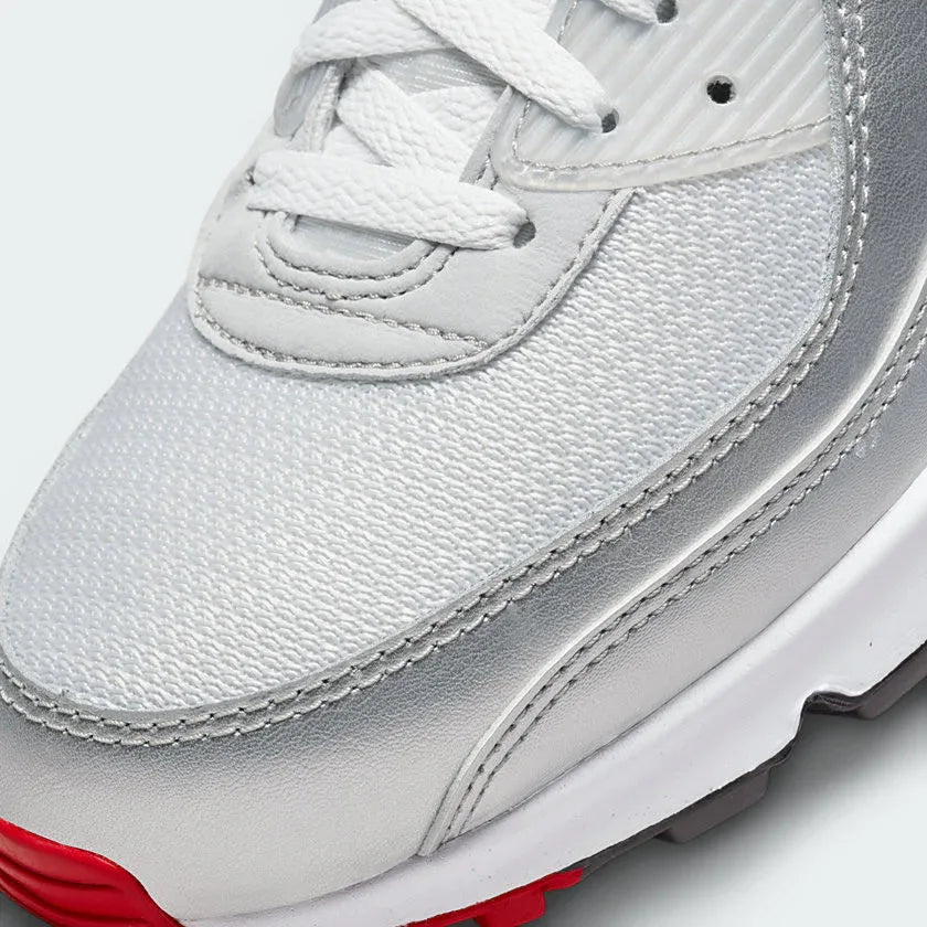 Nike Air Max 90 Men's Silver Leather Trainers DX4233-001 angled view showing layered construction and TPU panels