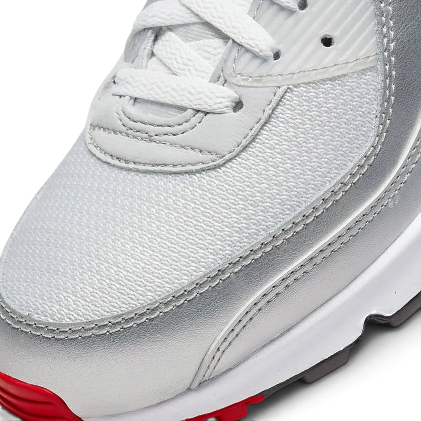 Nike Air Max 90 Men's Silver Leather Trainers DX4233-001 angled view showing layered construction and TPU panels