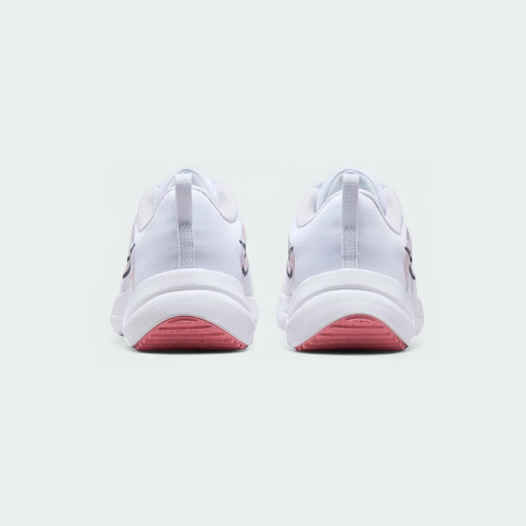 Rear view of the Nike Downshifter 12 Premium Women's white training shoes, focusing on the structured heel and subtle branding.