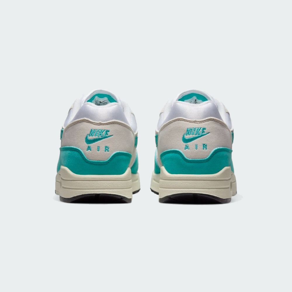 Rear view of the Nike Air Max 1 Women's trainers, focusing on the prominent heel counter and Nike Air branding.