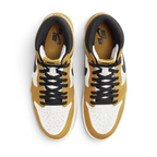 Top-down view of a pair of Air Jordan 1 Retro High OG Men's trainers in yellow and black, highlighting their classic silhouette and lace-up closure.