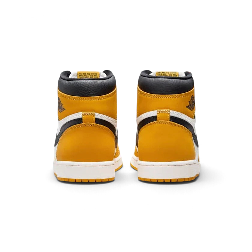 Rear view of the Air Jordan 1 Retro High OG Men's yellow trainers, focusing on the Wings logo on the ankle collar and contrasting heel panels.