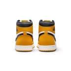 Rear view of the Air Jordan 1 Retro High OG Men's yellow trainers, focusing on the Wings logo on the ankle collar and contrasting heel panels.