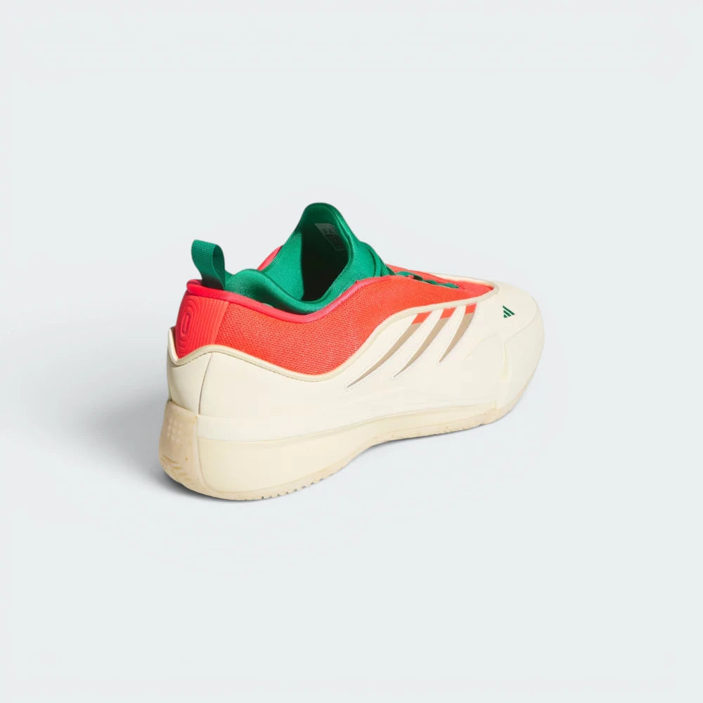 Focuses on the reinforced heel cup structure and the professional finish of the signature Dame logo branding.