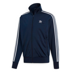Adidas Firebird Track Jacket Men's in collegiate navy, front view showing full zip, stand-up collar, white 3-Stripes on sleeves, and Trefoil logo.