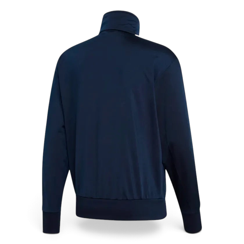 Adidas Firebird Track Jacket Men's in collegiate navy, back view showcasing the plain design and the top of the collar.
