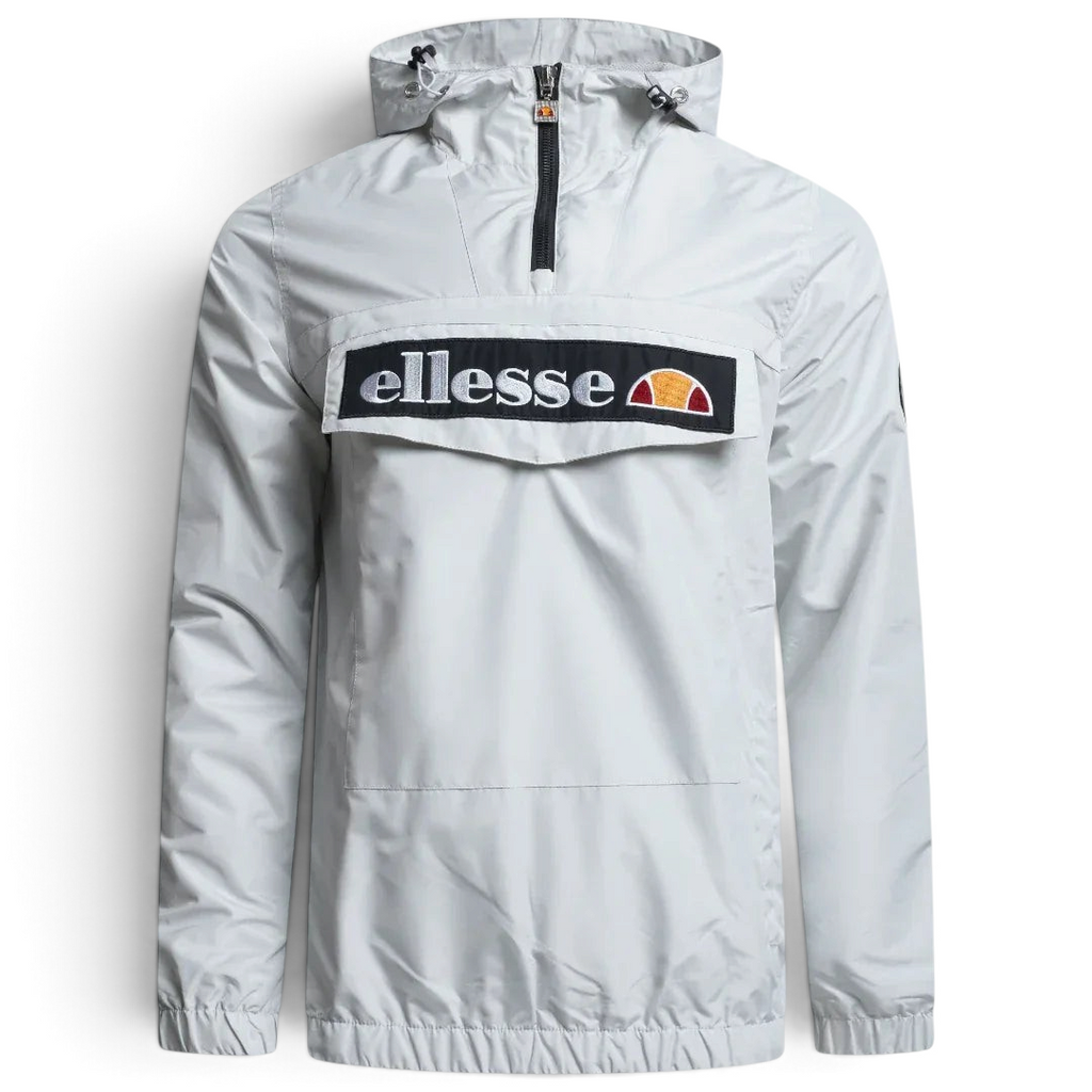 Ellesse Mont 2 Overhead Anorak Jacket Men's in grey marl, front view showing the hood, 1/4 zip closure, front pouch pocket, and Ellesse logos.