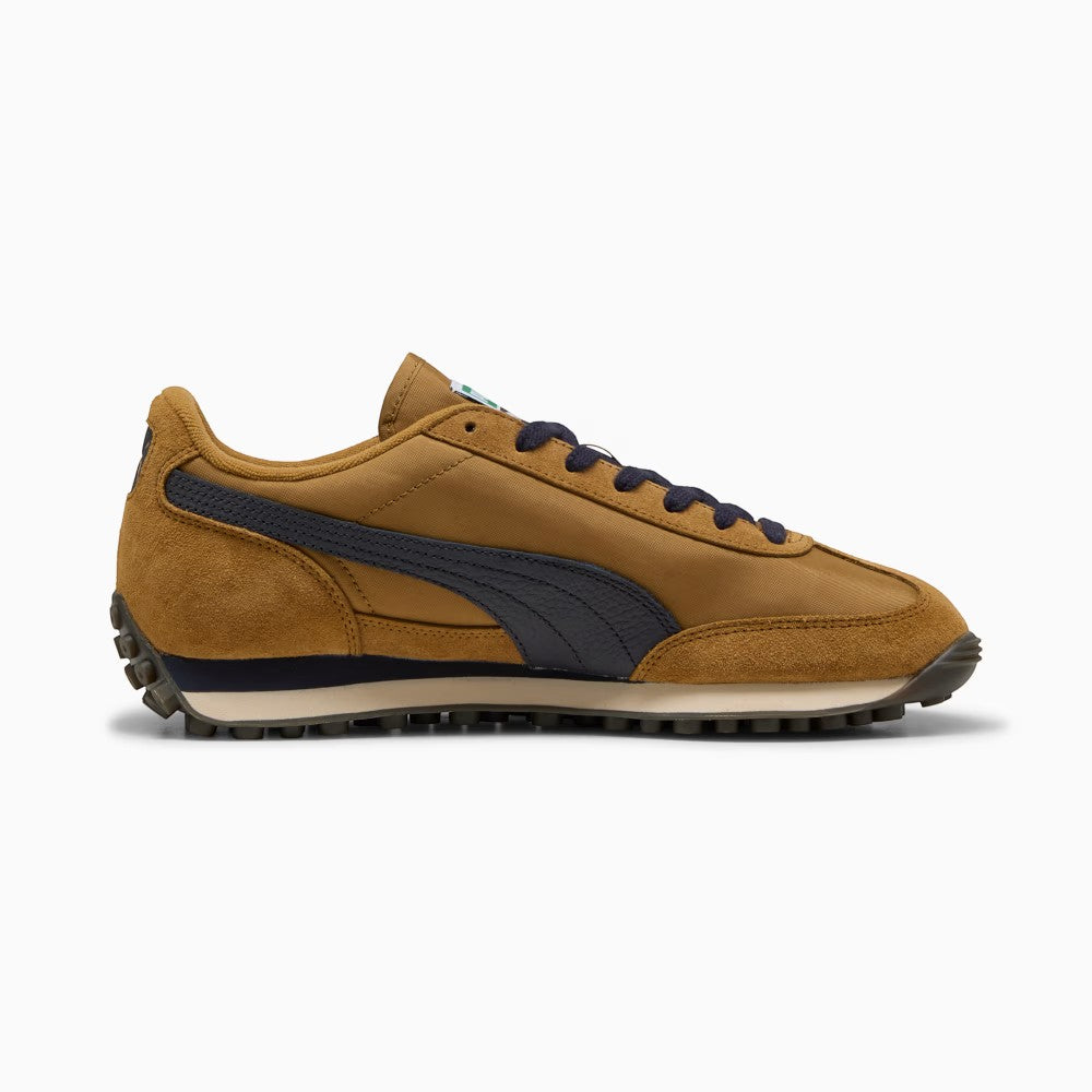 Medial profile displaying the inner Honey Butter nylon quarter, arched suede mudguard, New Navy leather Formstrip, and the clean layered EVA wedge midsole carrier.