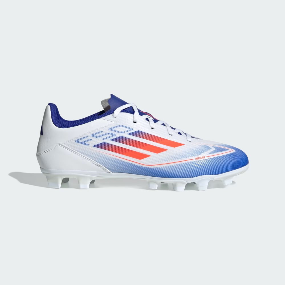 Side Profile Image: The Cloud White F50 Club, highlighting the Solar Red 3-Stripes and the aerodynamic, low-profile silhouette. Main image