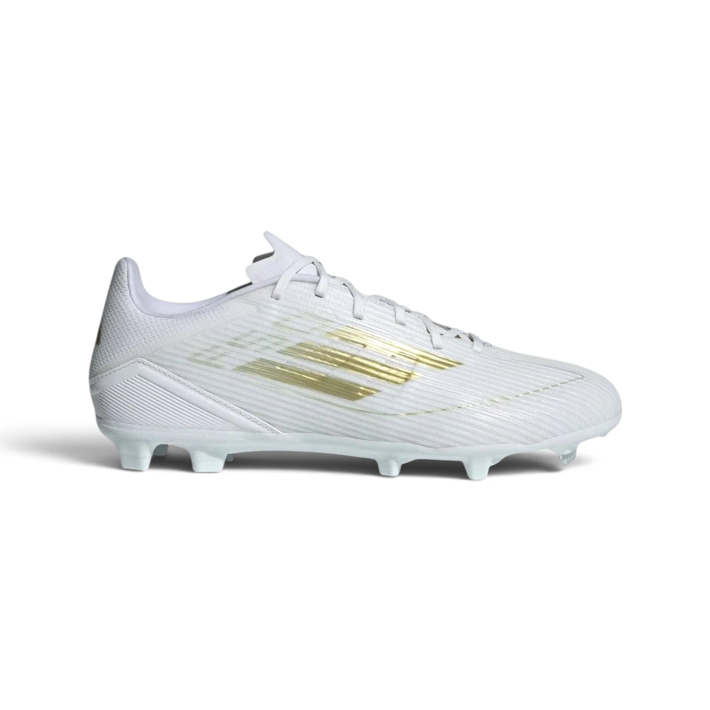 Highlights the high-velocity Gold Metallic 3-Stripes slashing across the professional depth of the Cloud White Fiberskin upper.