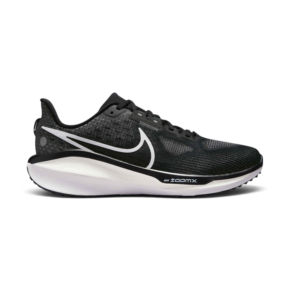 Highlights the high-velocity sweep of the contrasting white Nike Swoosh, showing the professional, multi-textured knit pattern of the black engineered mesh upper, the subtle Anthracite structural overlays, and the thick, high-walled premium dual-density midsole base.
