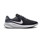 Side profile of the Nike Revolution 7 Men's Running Trainer in Anthracite, White, and Cool Grey showing breathable mesh upper, white foam midsole, and high-contrast white Swoosh.