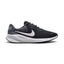 Side profile of the Nike Revolution 7 Men's Running Trainer in Anthracite, White, and Cool Grey showing breathable mesh upper, white foam midsole, and high-contrast white Swoosh.