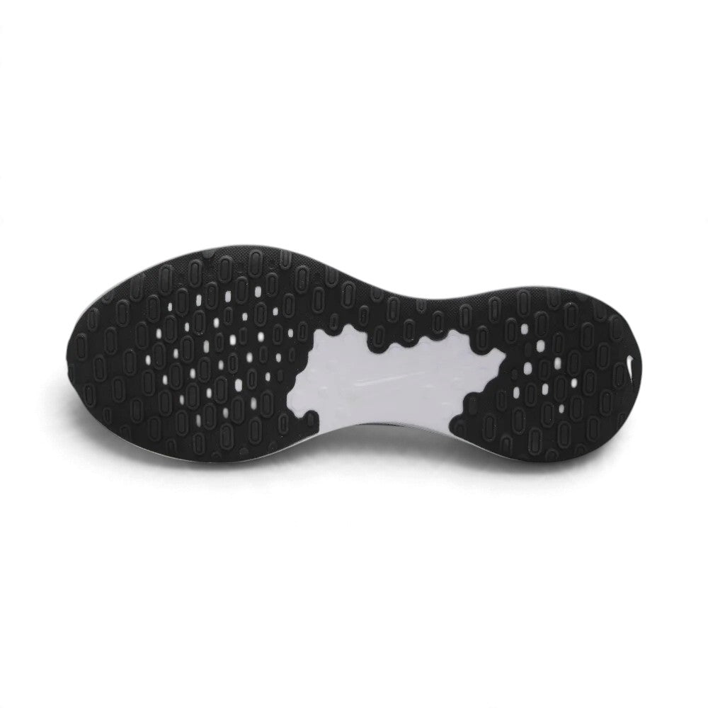 Bottom profile of the running shoe displaying the computer-generated rubber traction pattern and white midfoot arch bridge.
