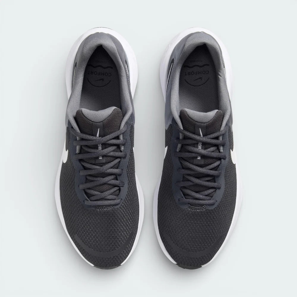 Top-down view of the Anthracite and Cool Grey trainers, highlighting the textured mesh toe box and the secure grey lacing system.