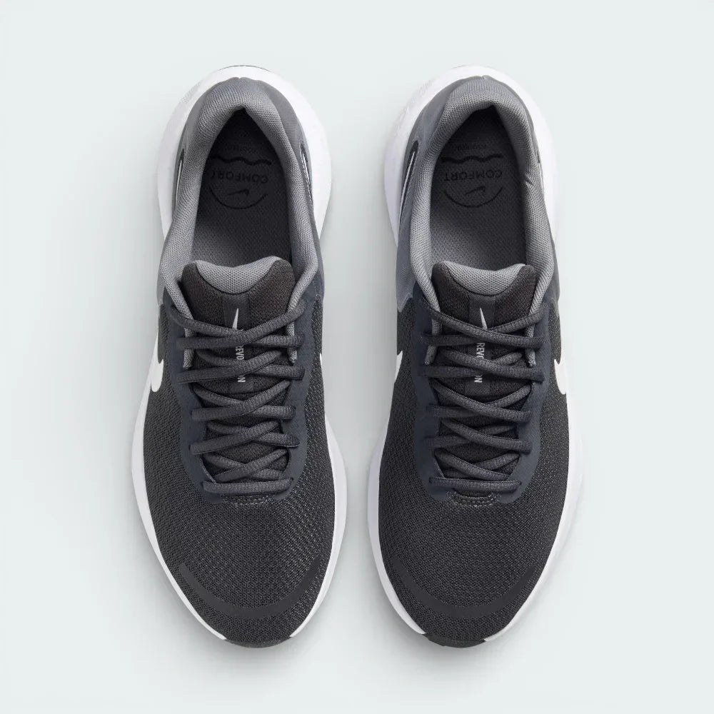 Top-down view of the Anthracite and Cool Grey trainers, highlighting the textured mesh toe box and the secure grey lacing system.