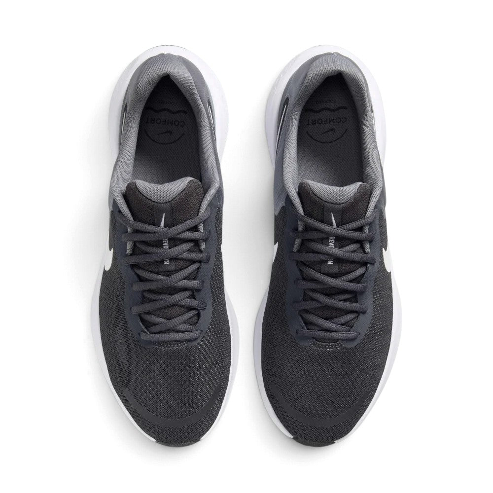 Overhead view of both running shoes showing the breathable mesh forefoot, central lacing system, and printed "COMFORT" sockliners.