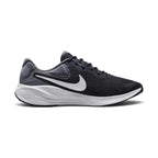 A Nike running shoe in black and dark gray with a white Swoosh and white midsole, shown from a side profile on a white background.
