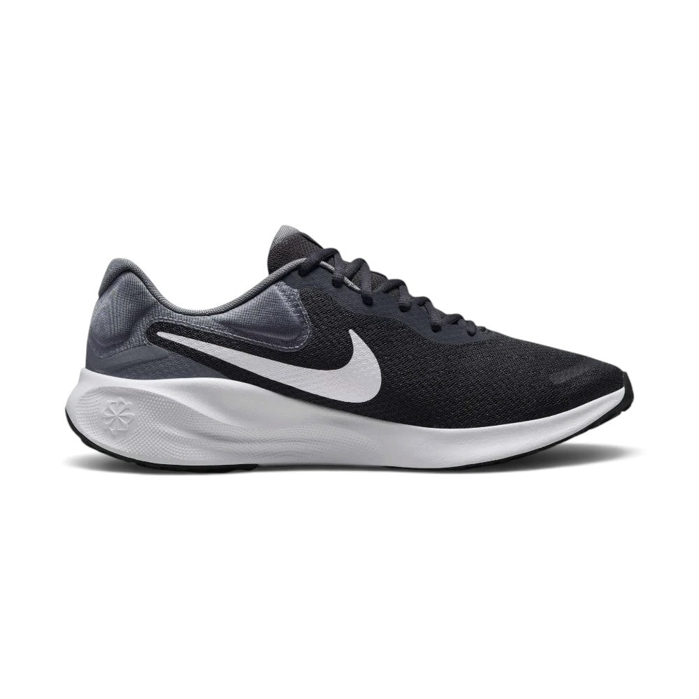A Nike running shoe in black and dark gray with a white Swoosh and white midsole, shown from a side profile on a white background.