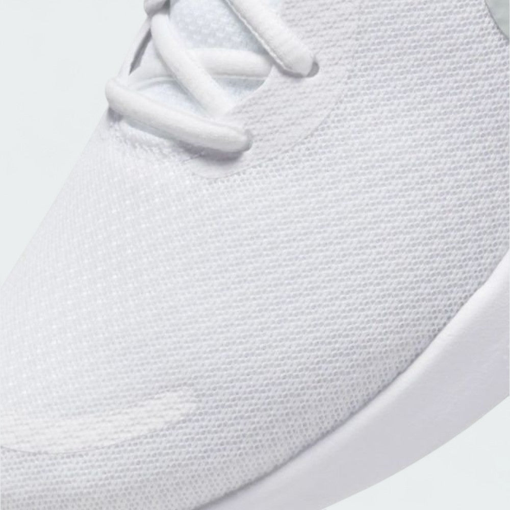 Close-up zoom on the front of the Nike Revolution 7 Men's white running trainers, showing the mesh upper texture, lacing system, and synthetic overlays.
