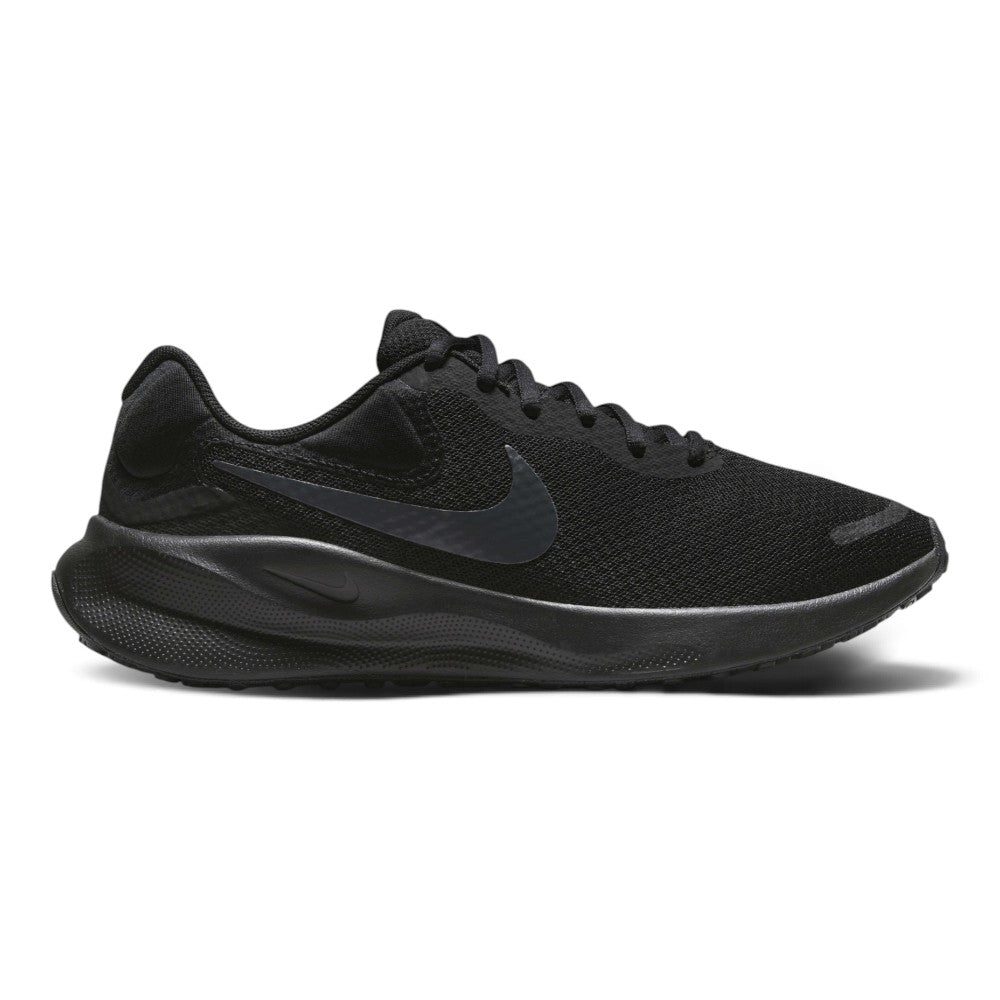 Highlights the sleek lateral silhouette showing the Black engineered mesh upper, subtle tonal Off-Noir Nike Swoosh, sculpted black foam midsole, and durable rubber outsole tread.