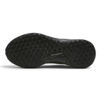 Displays the full-length black rubber outsole, showcasing the generative traction lug pattern, forefoot flex grooves, central transition channel, and debossed mini Swoosh.