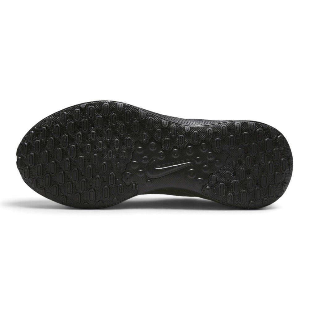 Displays the full-length black rubber outsole, showcasing the generative traction lug pattern, forefoot flex grooves, central transition channel, and debossed mini Swoosh.