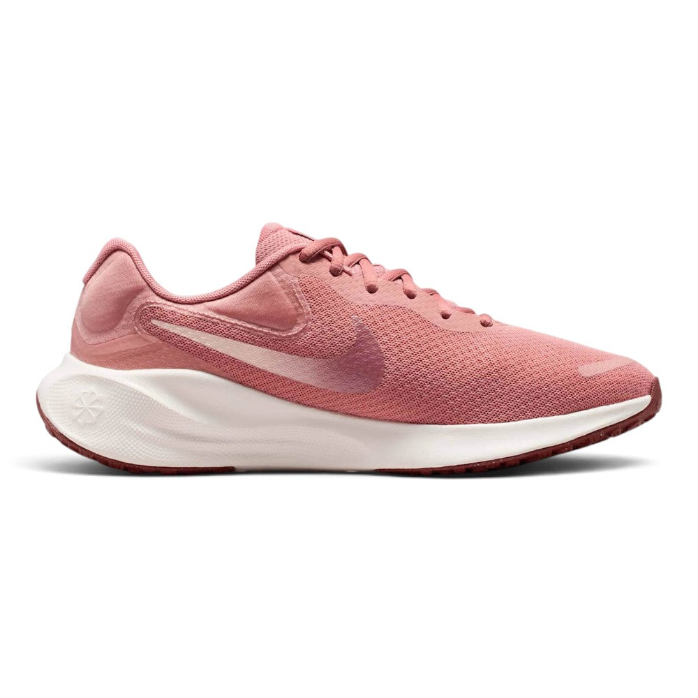 Highlights the streamlined lateral profile showing the Red Stardust engineered mesh upper, soft-pink-to-sepia gradient Nike Swoosh, sculpted white foam midsole, and dark Red Sepia rubber outsole tread.