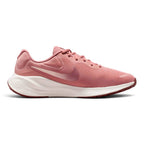 Highlights the streamlined lateral profile showing the Red Stardust engineered mesh upper, soft-pink-to-sepia gradient Nike Swoosh, sculpted white foam midsole, and dark Red Sepia rubber outsole tread.