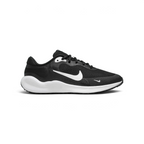 Side profile of the Nike Revolution 7 Juniors in Black, featuring the large white Swoosh and the clean, contoured white foam midsole.