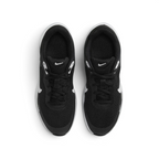 Top-down view of the black trainers, highlighting the breathable mesh toe box and the secure black lacing system.
