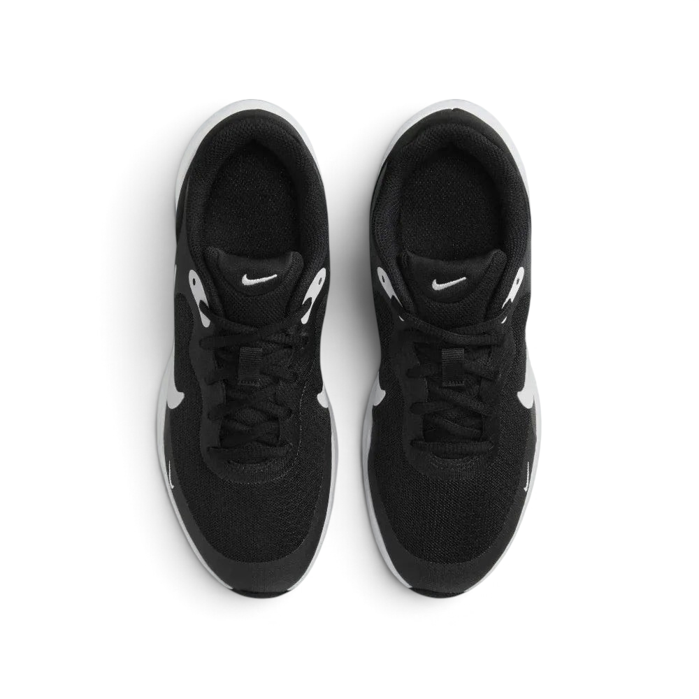 Top-down view of the black trainers, highlighting the breathable mesh toe box and the secure black lacing system.