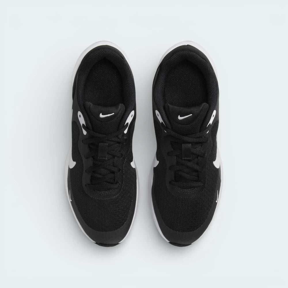 Top-down view of the black trainers, highlighting the breathable mesh toe box and the secure black lacing system.