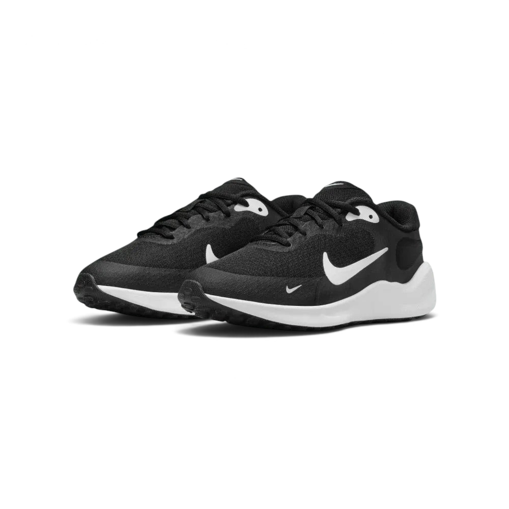 Angled shot of both Nike Revolution 7 trainers side by side, showcasing the sleek, athletic silhouette and high-contrast black and white design.