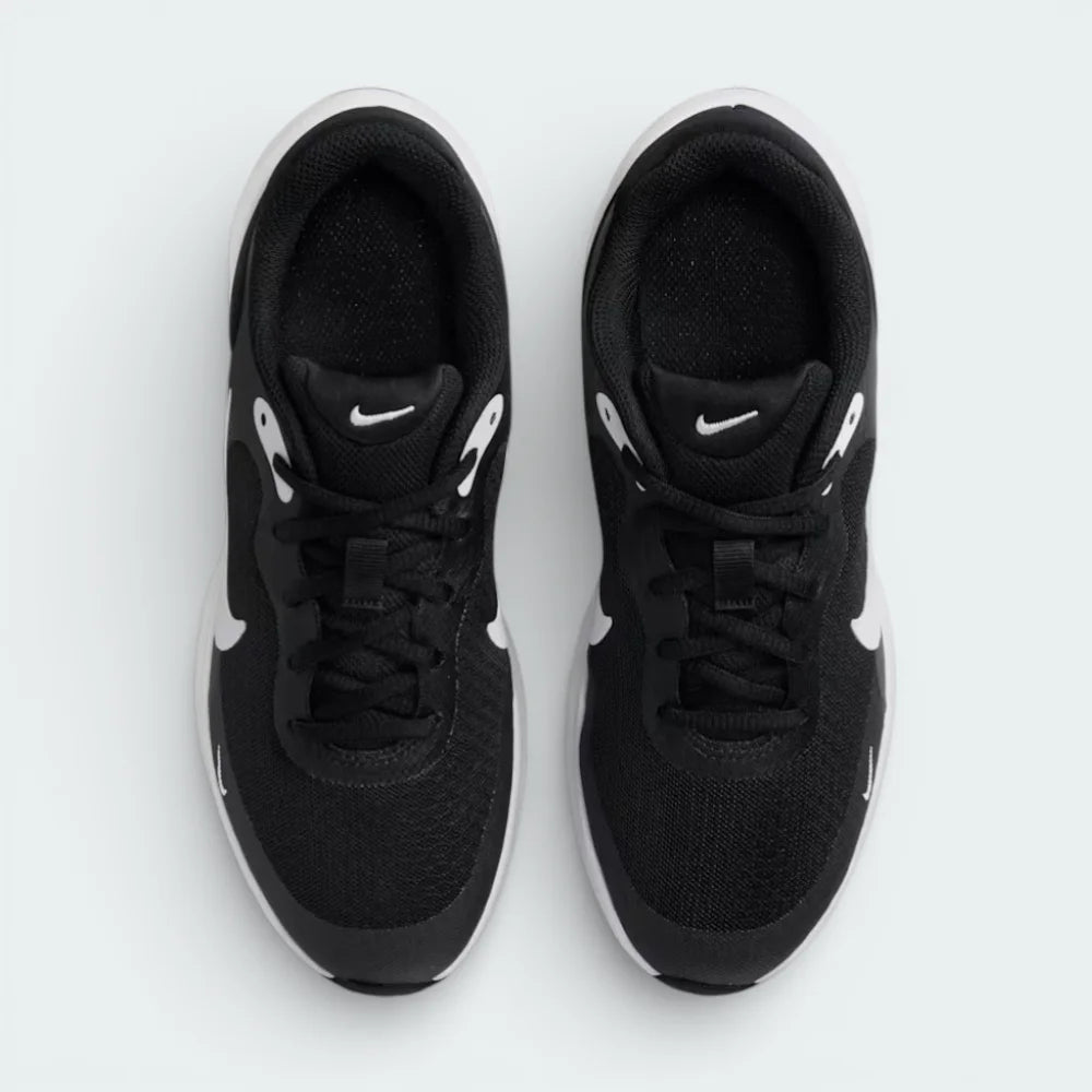 Top-down view of the black and anthracite trainers, highlighting the breathable mesh toe box and the secure lacing system.