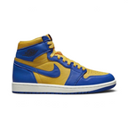 Air Jordan 1 Hi Retro OG Women's trainers in yellow ochre and university blue, side profile showing leather upper, high-top design, and black Nike Swoosh.