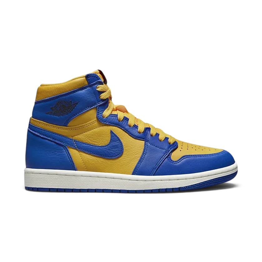 Air Jordan 1 Hi Retro OG Women's trainers in yellow ochre and university blue, side profile showing leather upper, high-top design, and black Nike Swoosh.