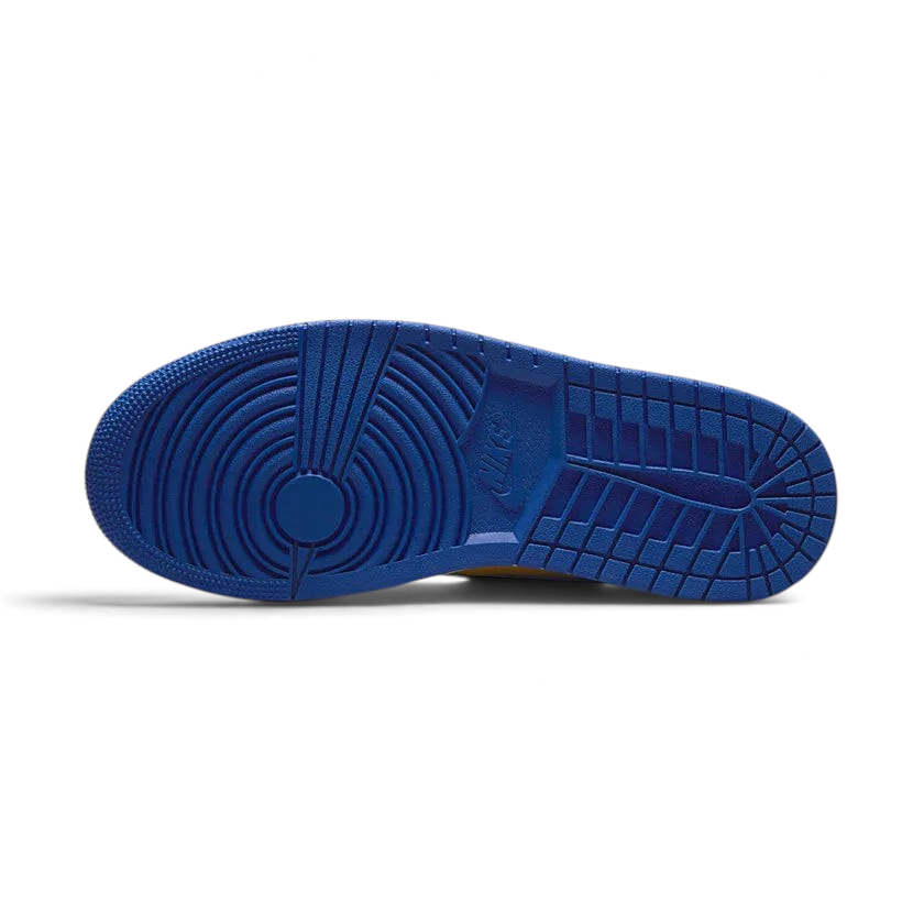 View of the outsole of the Air Jordan 1 Hi Retro OG Women's yellow/blue trainers, showing the durable rubber sole and classic traction pattern.