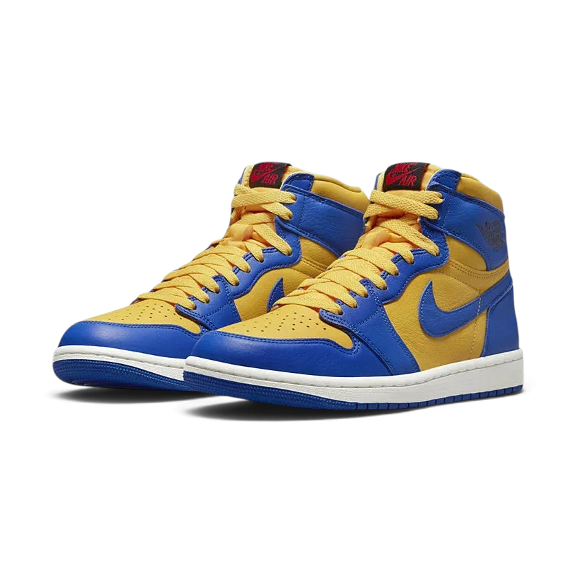 Angled view of two Air Jordan 1 Hi Retro OG Women's yellow and blue trainers, side by side, showcasing their iconic design and bold color blocking.